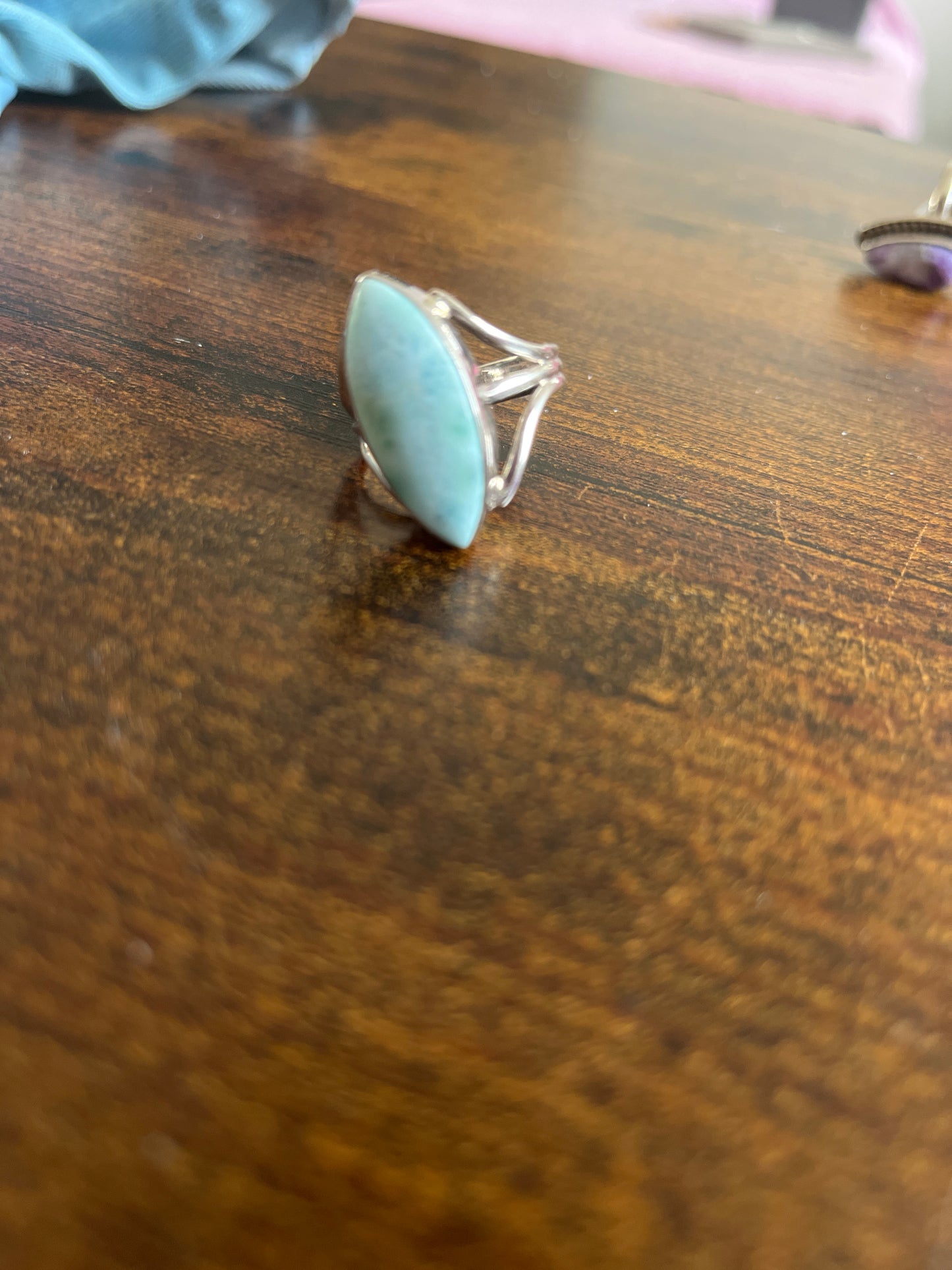 Anel de Prata 925 com Pedra Natural Larimar Índia T : 9.5.