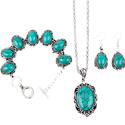 Conjunto de 3 peças de Prata Antiga com Pedra Turquoise Natural