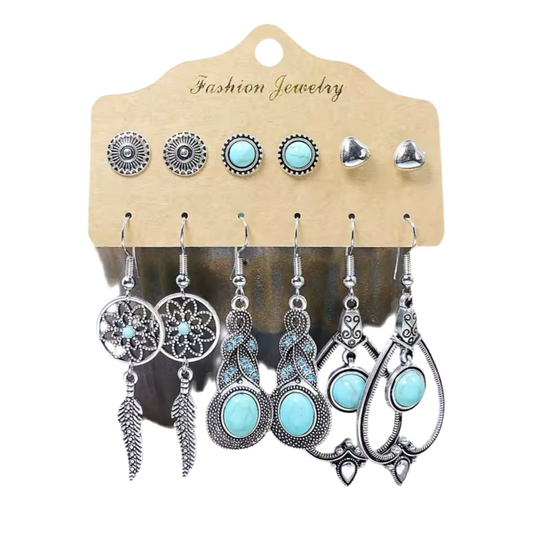 Conjunto 6 Brincos Boho Turquesa