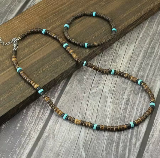 Conjunto masculino feito com Casca de Côco natural 50cm , Castanho e Azul