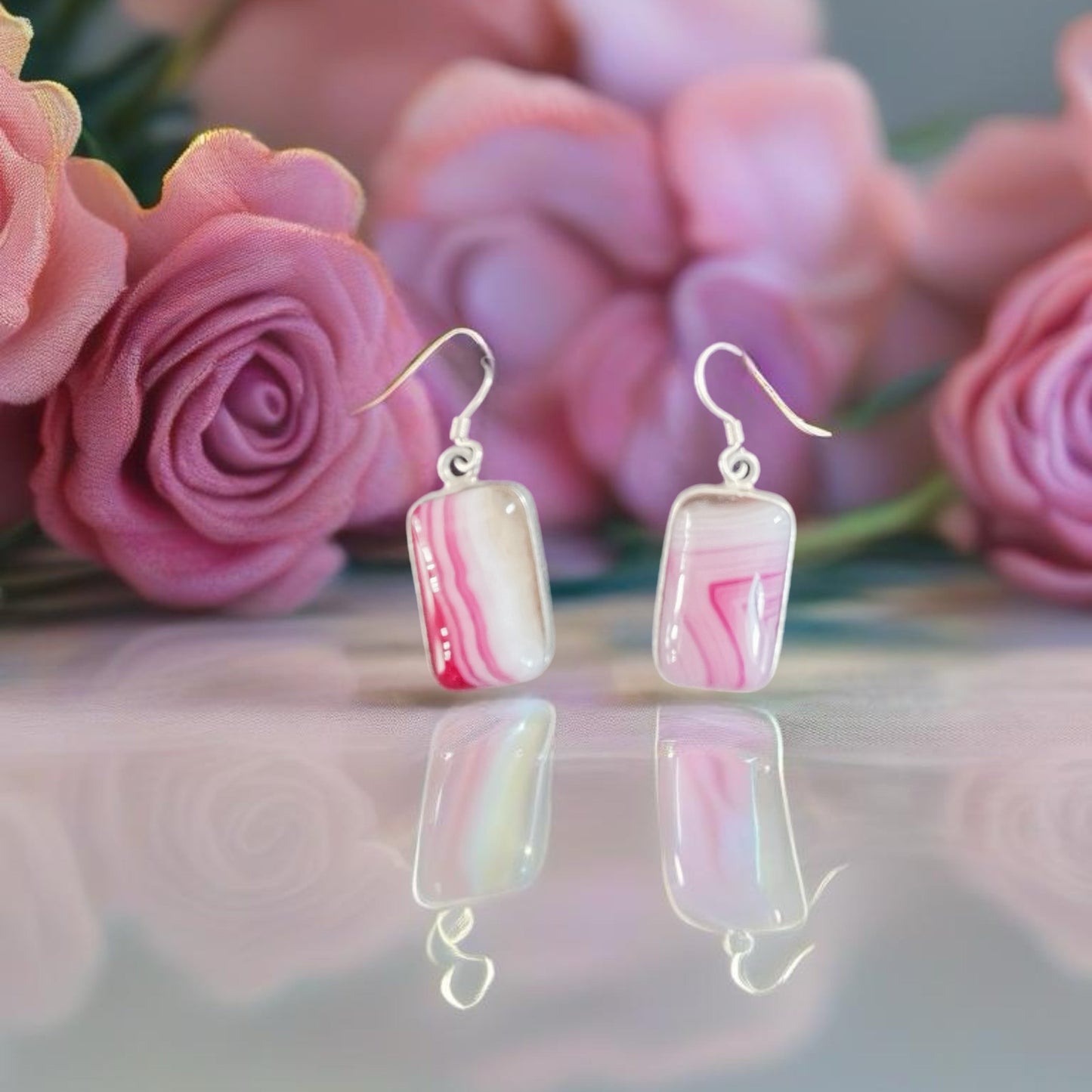 Brincos de Senhora em Prata com Pedra Ágata Rosa