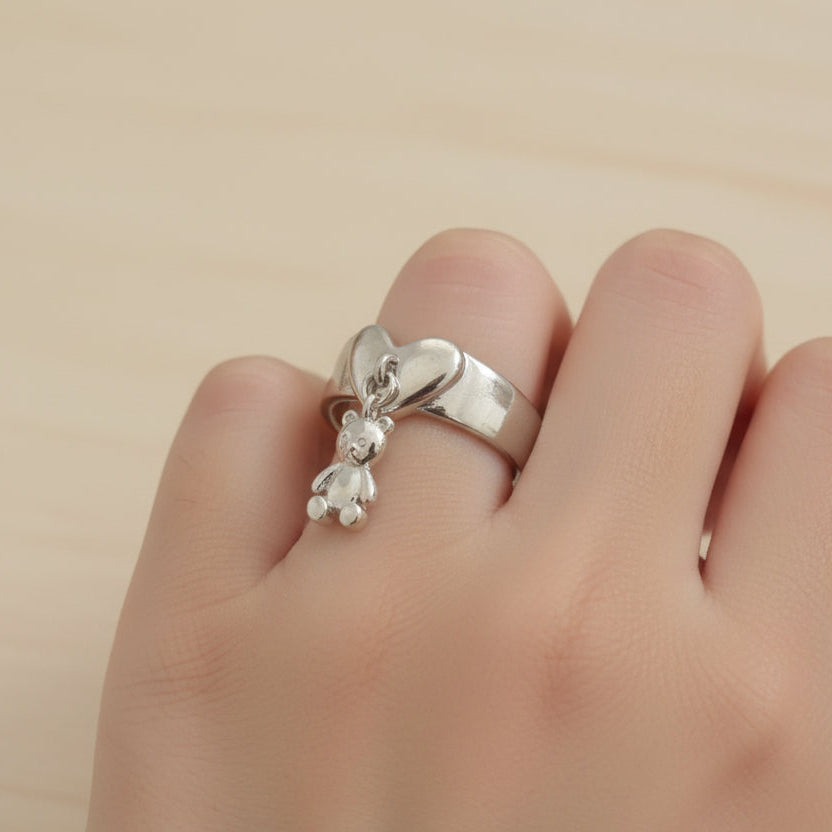 Bague cœur Teddy – Argent Sterling 925 avec pendentif articulé