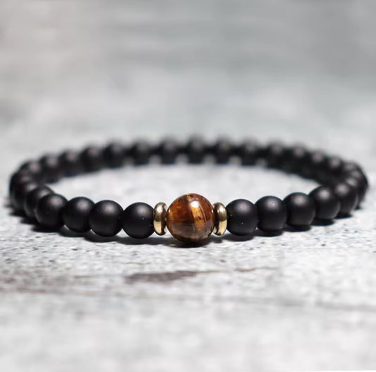 Pulseira de Homem com Pedras Onix e Olho de Tigre