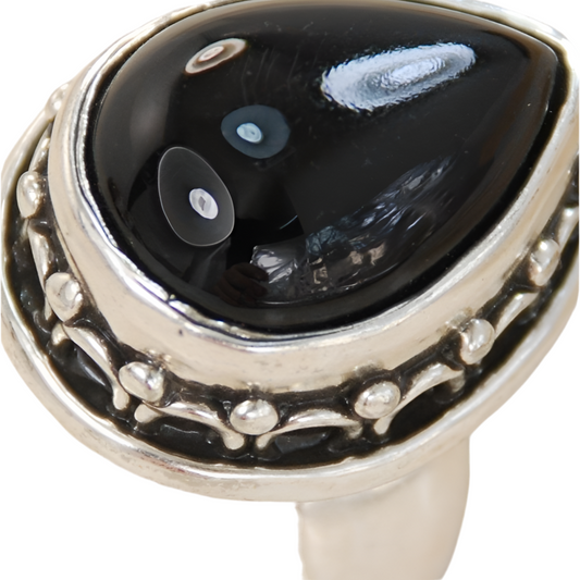 Anel de Prata 925 com Prata  Pedra Natural Ônix T:7,5