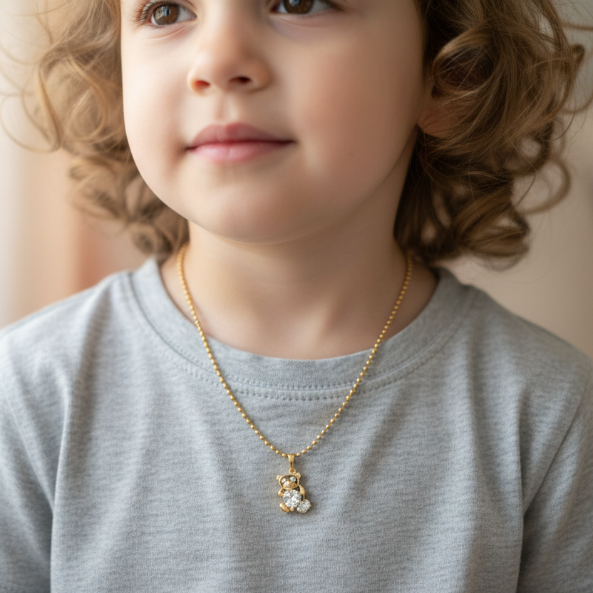 Colar Infantil Urso com Cristais – Banho de Ouro 14K Premium