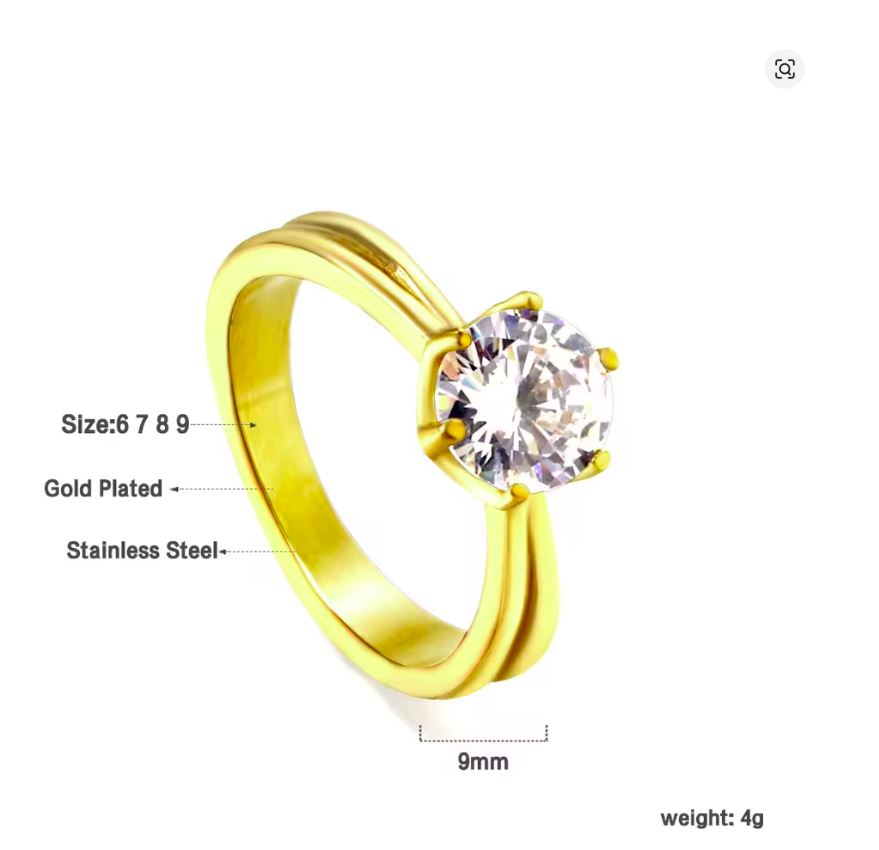 Anel de Senhora com Zircão em Aço Inoxidável 316L, Cor: Ouro