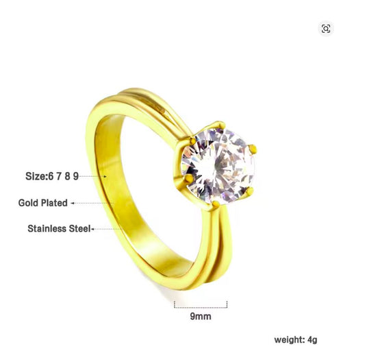 Anel de Senhora com Zircão em Aço Inoxidável 316L, Cor: Ouro