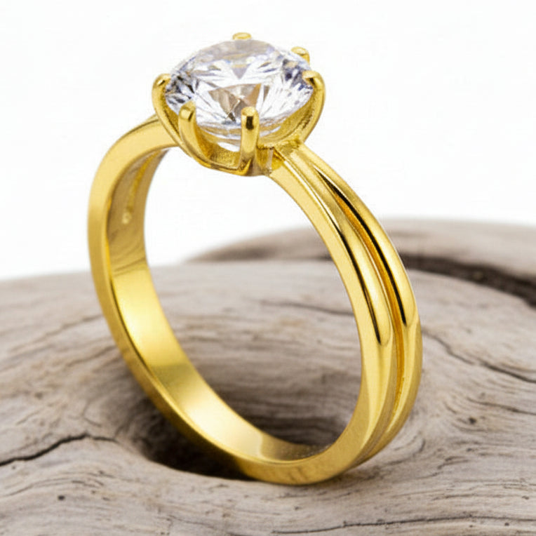 Anel Solitário Royal Gold – Aço 316L e Zircão Premium
