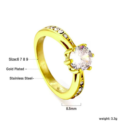 Anel de Senhora com Zircões em Aço Inoxidável 316L, Cor: Ouro