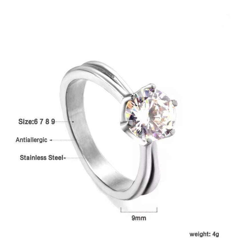 Anel de Senhora com Zircão em Aço Inoxidável 316L, Cor: Prata
