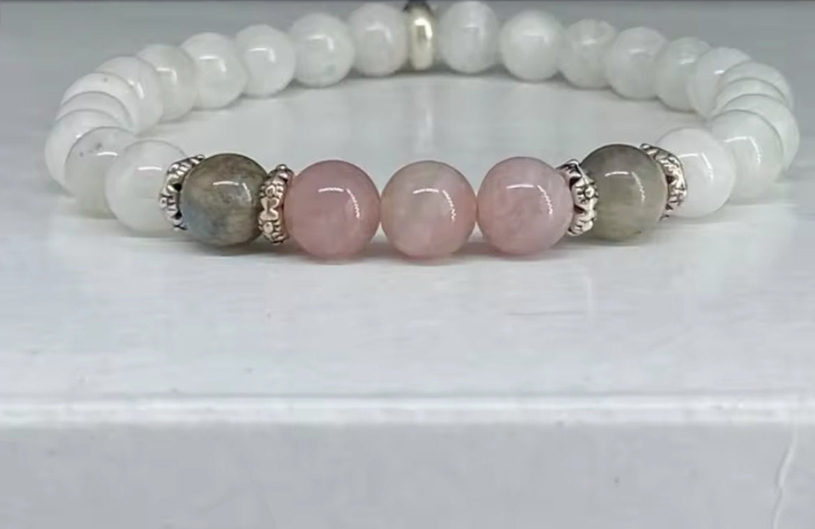 Pulseira de Senhora com Pedra da Lua Labradorita e Quartzo Rosa