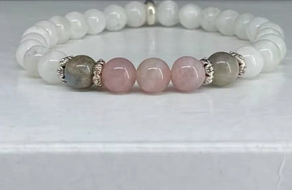 Pulseira de Senhora com Pedra da Lua Labradorita e Quartzo Rosa