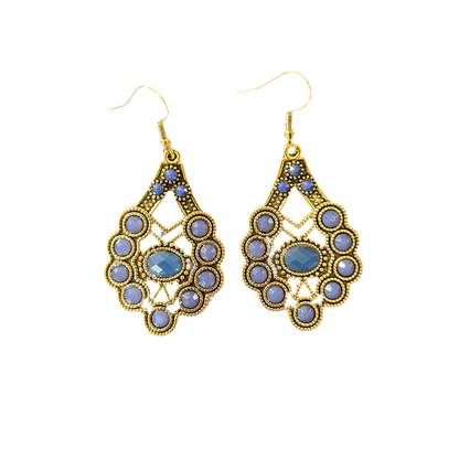 Brincos Boho Estilo Indiano na Cor Ouro Antigo com Pedras Azuis