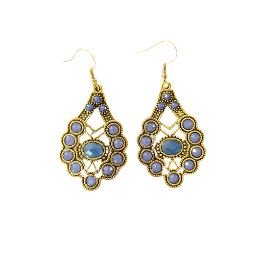 Brincos Boho Estilo Indiano na Cor Ouro Antigo com Pedras Azuis