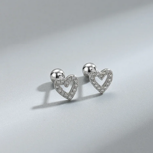 Brincos Tipo Piercing em Aço Inoxidável, Coração com Zircónias