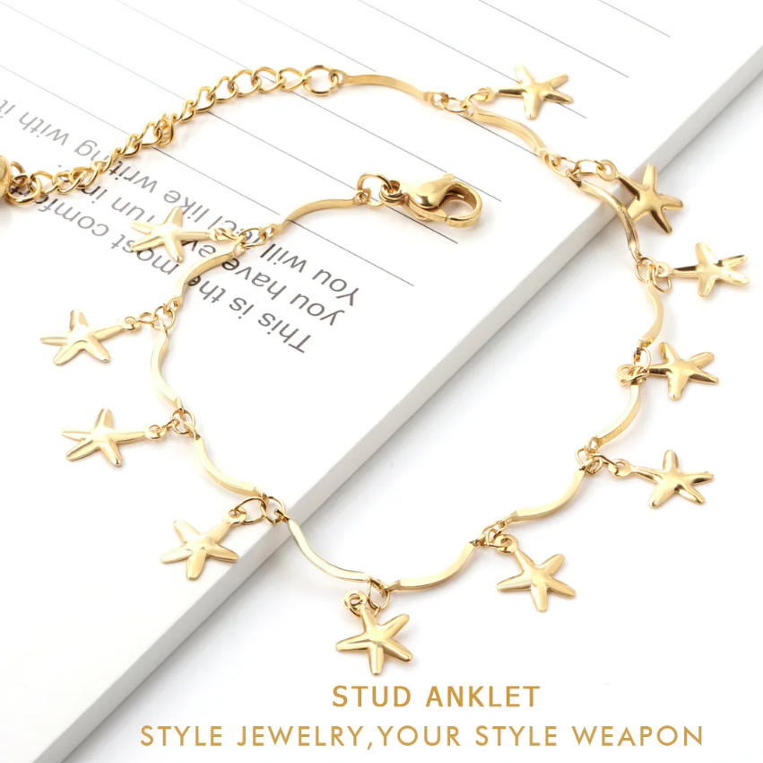 Pulseira de Senhora para Tornozelo em Aço Inoxidável, Estrelas Douradas