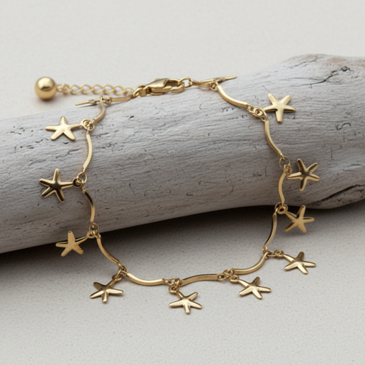 Pulseira de Tornozelo em Aço Inoxidável Dourado – Estrelas do Mar Ajustável