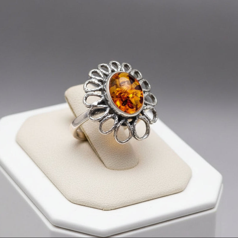 Bague en argent 925 avec pierre ambre T:7