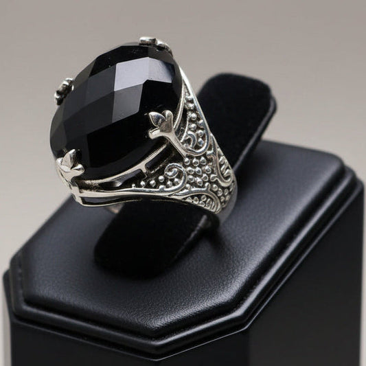 Anel de Prata 925 com Pedra Natural Ágata Onix T:6,25