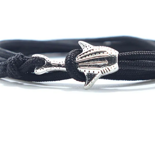 Pulseira de Corda Preta em Multicamadas, Pingente Tubarão Baleia Prata