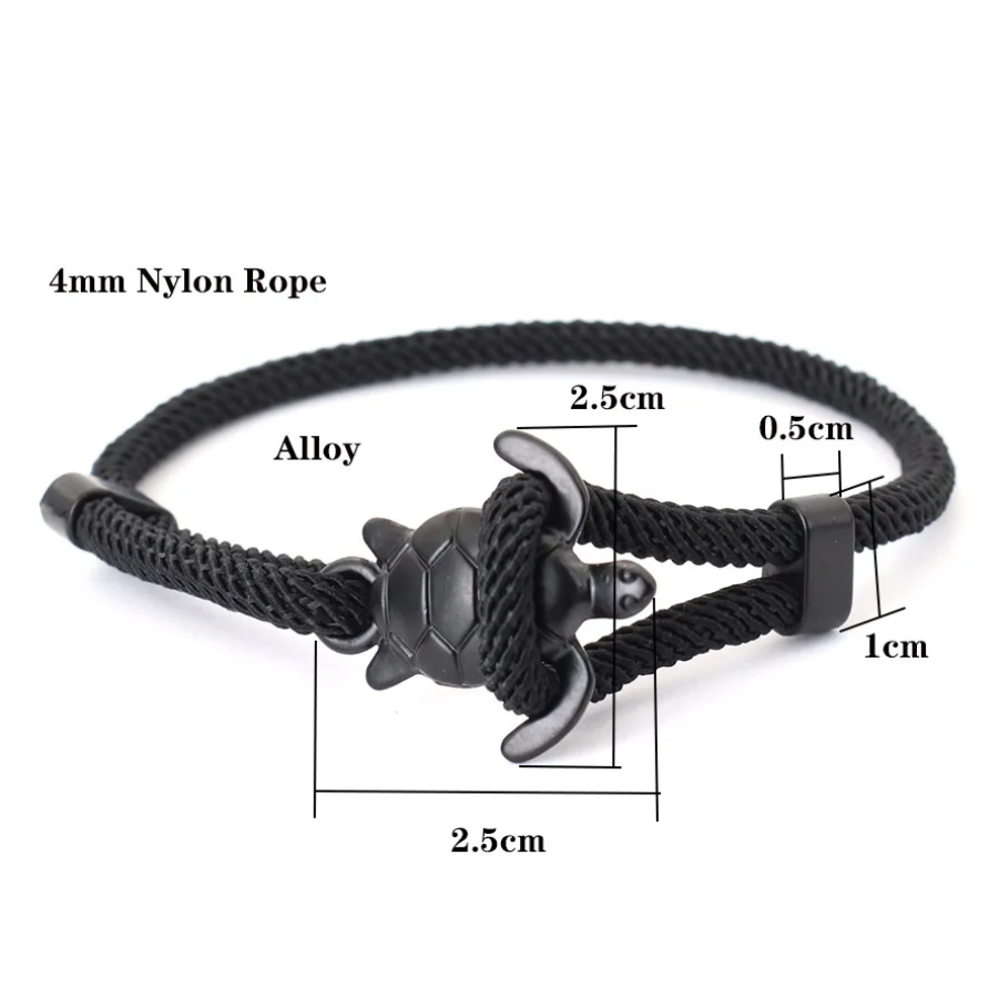 Pulseira em Corda Preta, Tartaruga Marinha