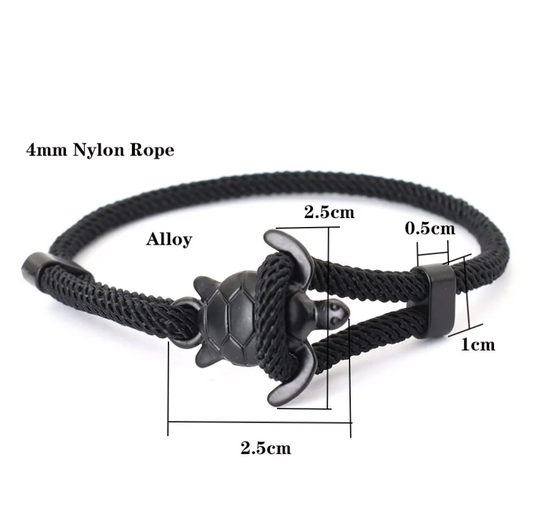 Pulseira em Corda Preta, Tartaruga Marinha