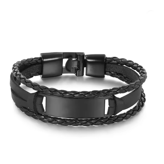 Pulseira de Couro Preto Personalizada em Aço Inoxidável Preto com Santa Maria Açores, Portugal