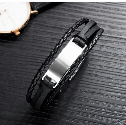 Pulseira de Couro Preto Personalizada em Aço Inoxidável Cinza com Santa Maria Açores, Portugal (Copie)