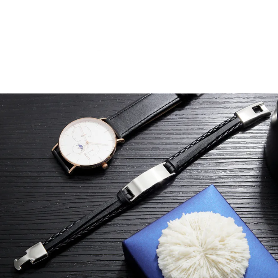 Pulseira de Couro Preto Personalizada em Aço Inoxidável Cinza com Santa Maria Açores, Portugal (Copie)