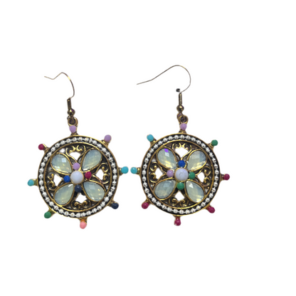 Brincos Boho Âncora Trabalhada com Pedras de Cores Variadas