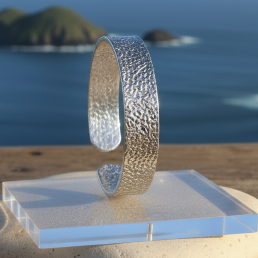 Esta pulseira rígida apresenta uma superfície ricamente texturizada que reflete a luz de forma única, assemelhando-se à superfície lunar ou ao metal martelado à mão. 