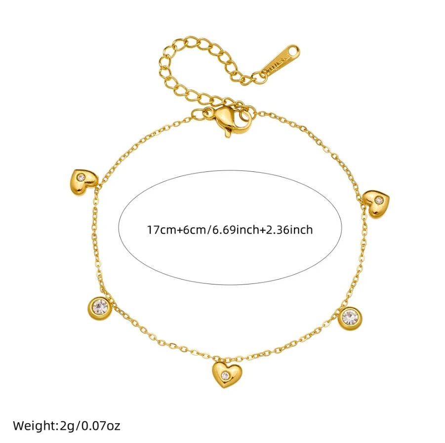 Pulseira de Senhora em Aço Inoxidável 316L, Pingentes de Corações e Pedras de zircónia