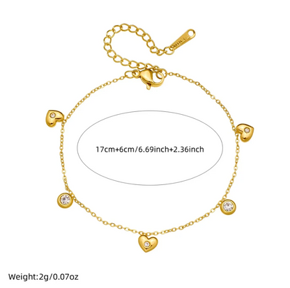 Pulseira de Senhora em Aço Inoxidável 316L, Pingentes de Corações e Pedras de zircónia