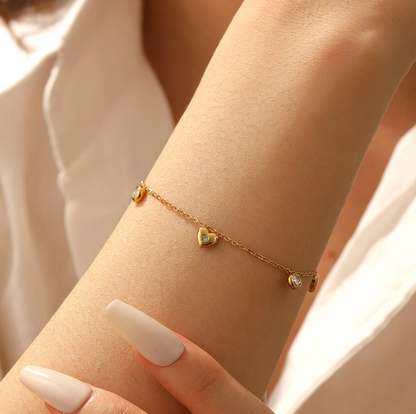 Pulseira de Senhora em Aço Inoxidável 316L, Pingentes de Corações e Pedras de zircónia