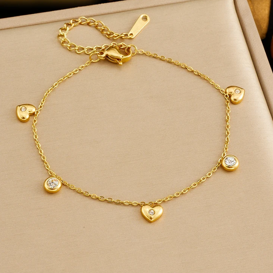 Pulseira de Senhora em Aço Inoxidável 316L, Pingentes de Corações e Pedras de zircónia