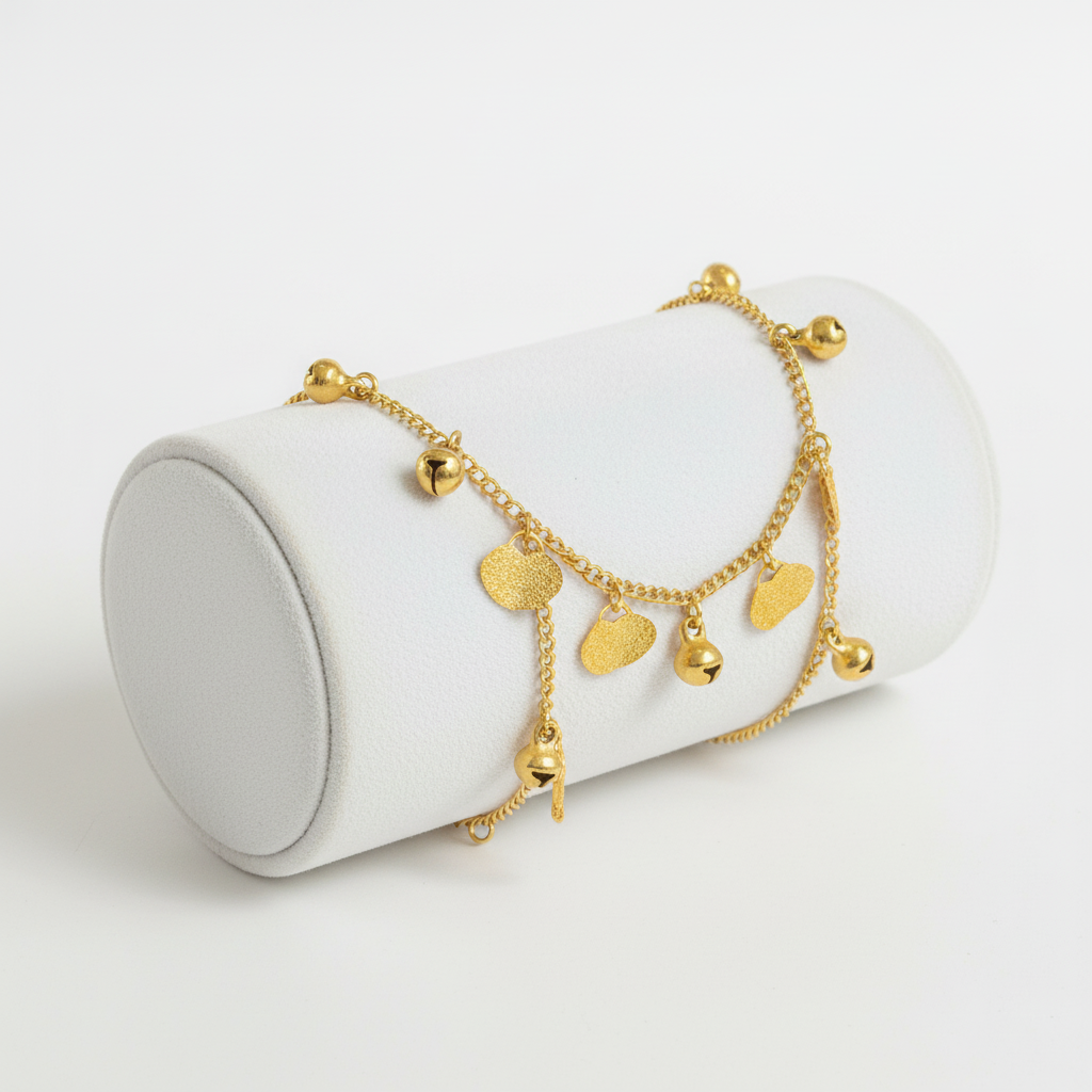 Pulseira Tornozelo de Senhora em Ouro Laminado 10K, Coração Sino