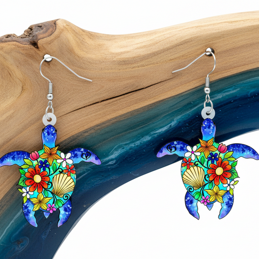 Brincos de Senhora em Aço Inoxidável com Tartaruga em Acrílico