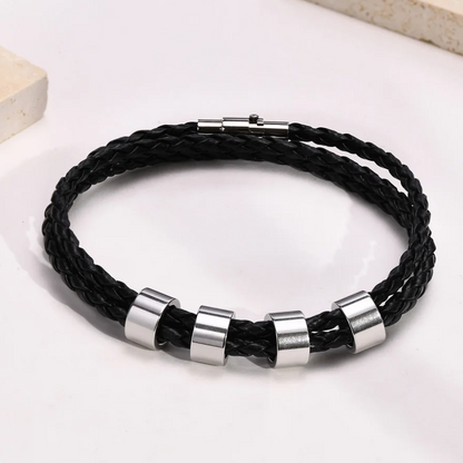 Pulseira Trançada em Couro Genuíno Preto Personalizada em Aço Inoxidável com I Love Santa Maria