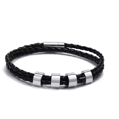 Pulseira Trançada em Couro Genuíno Preto Personalizada em Aço Inoxidável com I Love Santa Maria
