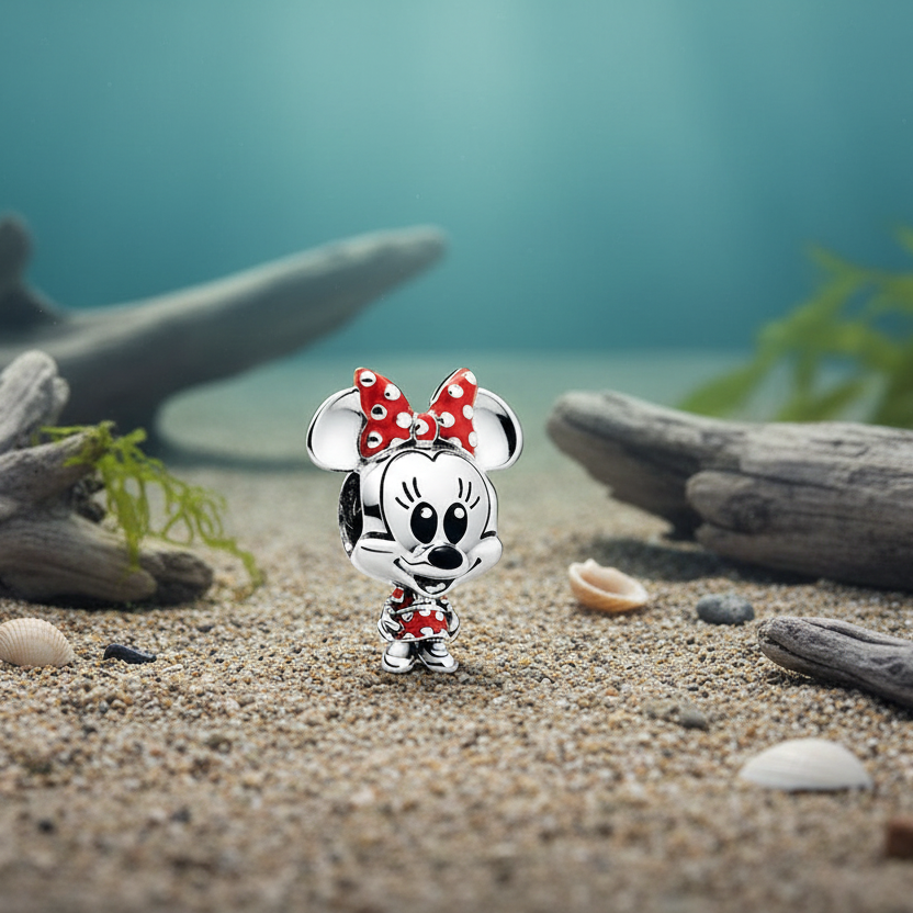 Conta em Prata 925, Minnie Mouse com Vestido de Bolinhas e Laço