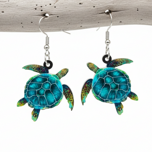 Brincos de Senhora em Aço Inoxidável com Tartaruga em Acrílico Azul