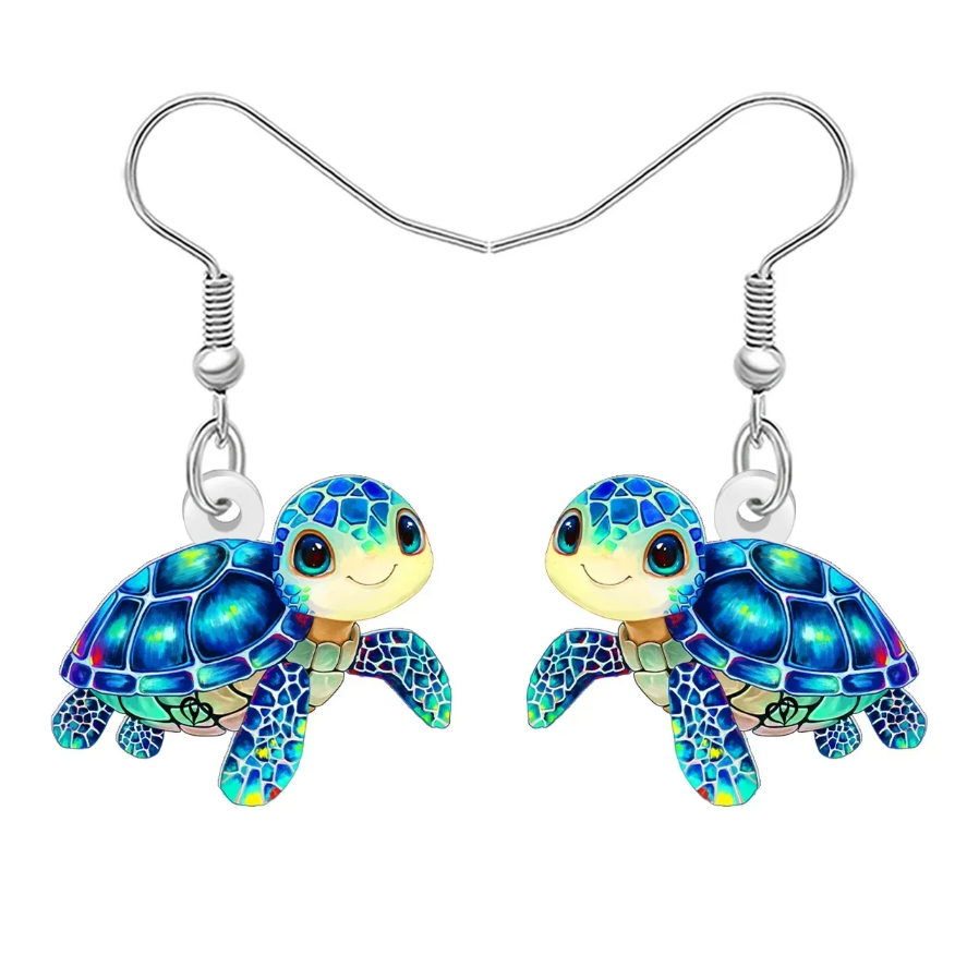 Brincos em Aço Inoxidável com Pendentede de Tartaruga Marinha em Acrílico