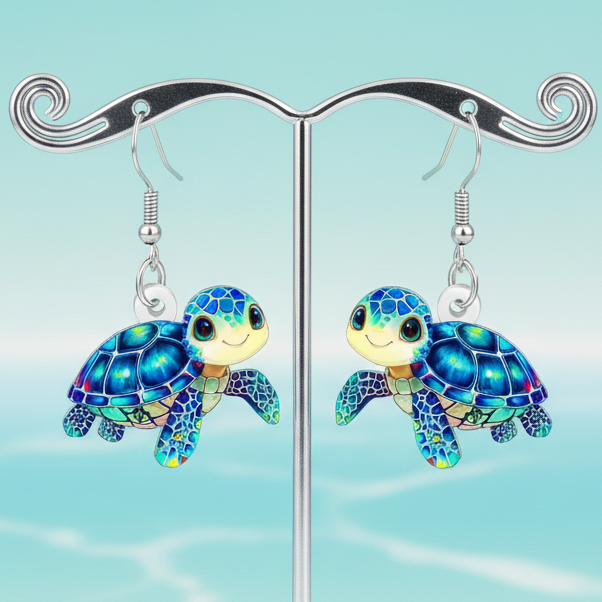 Brincos em Aço Inoxidável com Pendentede de Tartaruga Marinha em Acrílico