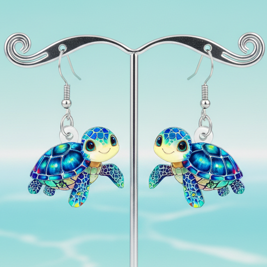 Brincos em Aço Inoxidável com Pendentede de Tartaruga Marinha em Acrílico