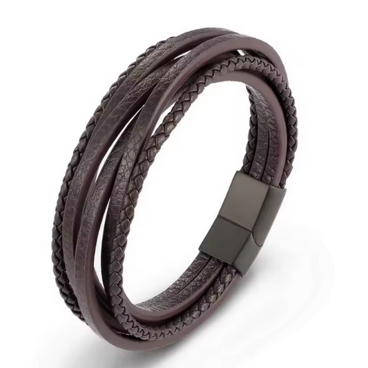 Pulseira de Homem em Couro Genuíno Multicamadas Fivela em Aco 316L, Castanha