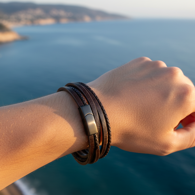 Pulseira Multi-Layer em Couro Castanho Café – O Charme Natural no Seu Pulso