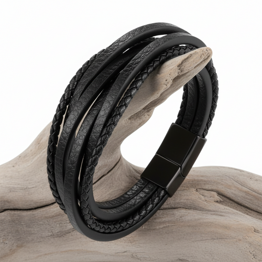 Men's Genuine Leather Multilayer Bracelet 316L Steel Clasp, Black