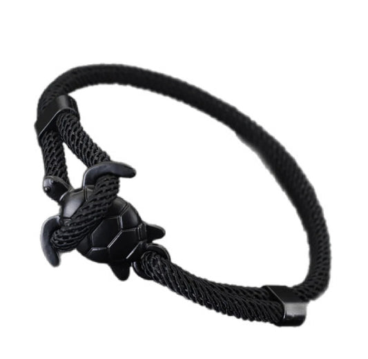 Pulseira em Corda Preta, Tartaruga Marinha