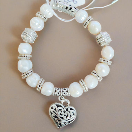 Bracelete de Senhora em Prata, Pérolas Coração