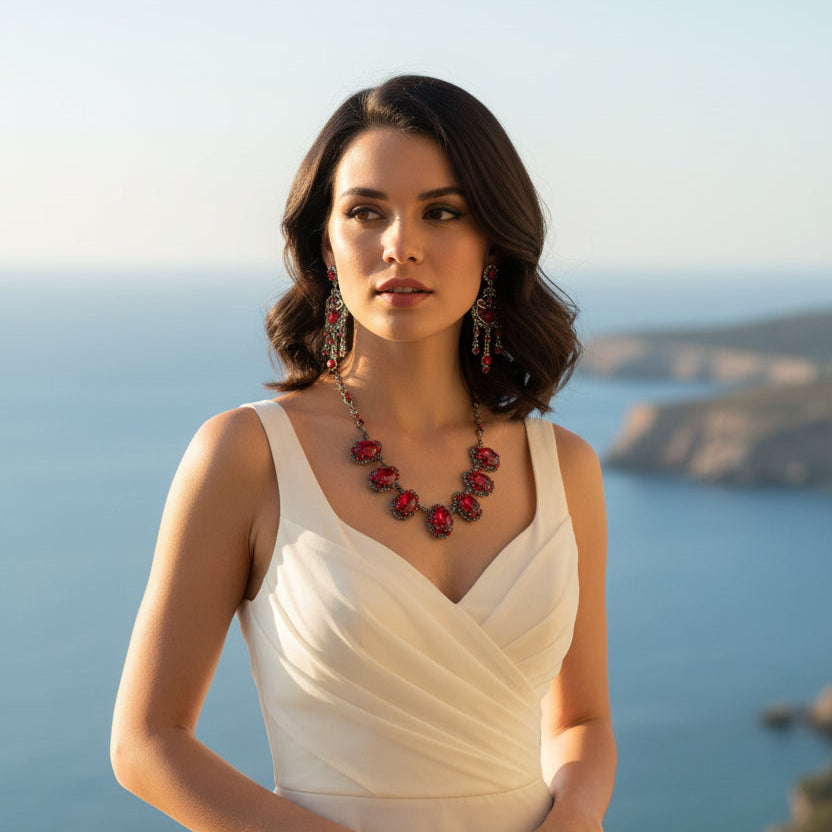 Ensemble pour femme en argent, pierres rouges